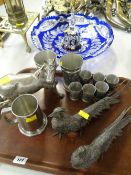 LARGE BOHEMIAN BLUE GLASS CENTRE BOWL, together with similar red glass bell, pewter tankard, pair of