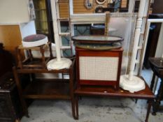 ASSORTED FURNITURE including oak tea trolley, white painted standard lamps, needle work trays,