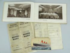 CUNARD WHITE STAR LINE QUEEN MARY EPHEMERA comprising 1936 Cabin Plan of Accommodation, sales-