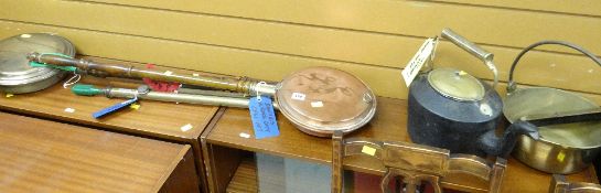 BRASS & COPPER BED WARMING PAN, two brass pumps, preserve pan, two hanging scales and kettle