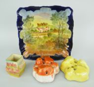 ROYAL DOULTON SQUARE PLATE, SMALL VASE & TWO ROYAL DOULTON LUSTRE FLOWER-HOLDERS the plate and small