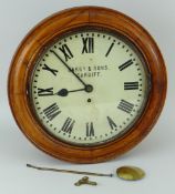 SINGLE FUSEE CIRCULAR DIAL WALL-CLOCK turn of the century, oak encased, Roman numerals, inscribed '