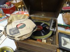 VINTAGE WOODEN CASED COLUMBIA GRAFONOLA WIND-UP GRAMOPHONE together with a collection of 78 rpm