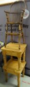 STAINED PINE SPINDLE BACK CHILDS CHAIR, together with two small pine side tables