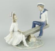 LLADRO SEA-SAW MODEL with boy in sailors outfit and girl in summer-dress, 28cms long