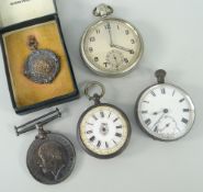 WORLD WAR I MEDAL, silver medallion, three pocket watches, one believed silver