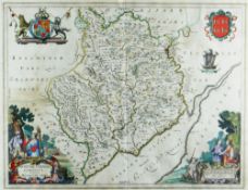 JOHANNES BLAEU coloured antiquarian map - Monmouthshire, with Latin title in cartouche and pictorial