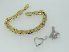 DIAMOND CHIP HEART PENDANT ON SILVER CHAIN together with gold plated flat link chain (2)