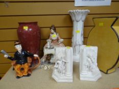 ASSORTED POTTERY to include Capodimonte figure of a seated female taking tea, vases, book ends ETC