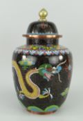 LIDDED CLOISONNE VASE, black ground gilded and with circling dragon and floral border