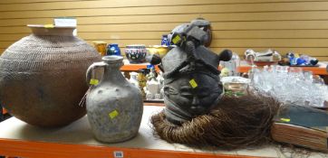 CARVED TRIBAL HEADDRESS, two Earthenware vessels and a volume of 'The Geographical Journal' dated