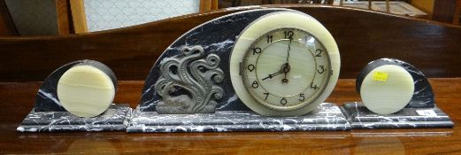 ART DECO MIXED MARBLE & ONYX CLOCK GARNITURE with decorative metallic seaweed mount