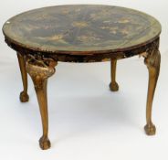 CIRCULAR JAPANNED BREAKFAST TABLE, top with eight panels containing raised decoration with