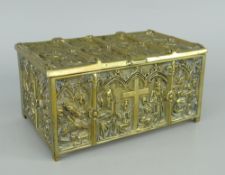 YELLOW METAL GOTHIC STYLE RELIC CASKET with panels of ecclesiastical figures, heavy quality (