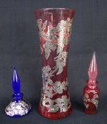 LAUGHARNE GLASS SILVER OVERLAID WAISTED VASE together with two similar scent bottles, each with