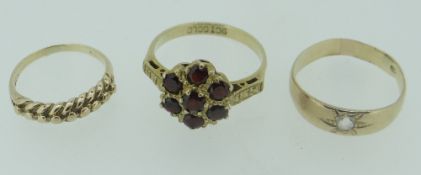 THREE RINGS comprising 14ct (tested) single stone gipsy ring, 9ct stamped woven head ring and