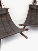 PAIR OF JATOBAH WOOD DOMINIC MICHAELIS 'SAIL' LOUNGE CHAIRS in chocolate cow-hide leather, foam