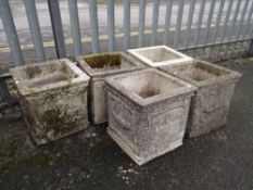 FIVE RECONSTITUTED SANDSTONE SQUARE BASED GARDEN PLANTERS