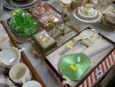 VARIOUS COLOURED GLASS & OTHER DRESSING TABLE SETS