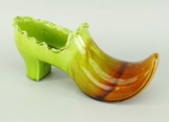 LINTHORPE MOTTLED GLAZE POTTERY MODEL OF A SHOE (green and brown glaze), 21cms long