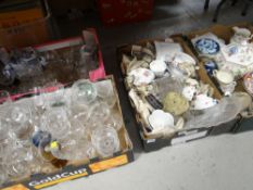 ASSORTED CHINA & GLASS, teaware, ornaments, drinking glasses, on four trays