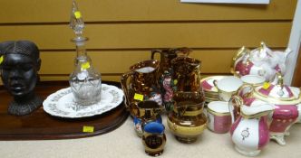 ASSORTED ITEMS including lustre jugs, tea ware, wooden tray ETC