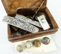BROWN LEATHER FLEUR DE LYS DECORATED BOX CONTAINING ASSORTED COLLECTABLES to include cigarette-