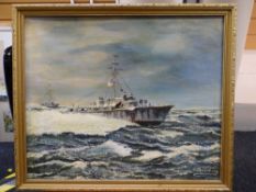 ENGLISH SCHOOL oil on board - Royal Navy WWII torpedo boats in crashing waves, signed P M Northway,