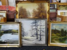 THREE GILT FRAMED OIL ON CANVAS DECORATIVE FURNISHING PAINTINGS, country and lakeside scenes, 60 x