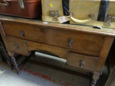 BARLEY TWIST SIDE-TABLE with tooled leather top and three drawers, 107cms wide x 84cms high