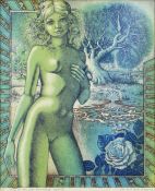 PATRICK WOODROFFE limited edition (1/50) coloured etching - nude and surreal landscape entitled '