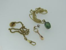 9CT YELLOW GOLD LOVE SPOON EARRING / 18CT YELLOW GOLD FINE LINK CHAIN WITH SEMI-PRECIOUS GREEN STONE