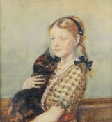 LILIAN RUTTER watercolour- portrait of a girl holding her cat, signed, 22 x 20cms