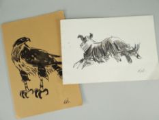 TWO SIR KYFFIN WILLIAMS RA Christmas card prints - sheepdog and hawk, with 'Happy Christmas -