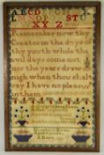 EARLY VICTORIAN COLOURED WOOL-WORK SAMPLER, alphabetical centre poem, the lower section with