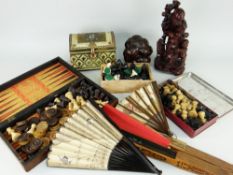 ASSORTED COLLECTABLES including sundry boxes of chess men, ornamental fans, oriental souvenirs ETC