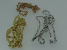 THREE 9CT CHAINS, one rose gold, one white gold, and one yellow gold, in box, 10.4gms overall