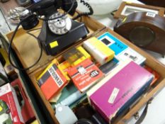VINTAGE TWO PIECE BLACK BAKELITE TELEPHONE, together with wooden box containing a selection of