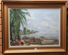 AFRICAN SCHOOL oil on canvas - African villagers and fishing boats, indistinctly signed, 54 x 73cms