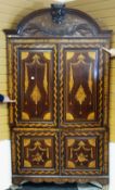 19TH CENTURY MARQUETRY STANDING CORNER CUPBOARD having a two door base, two door upper section