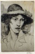 AUGUSTUS JOHN etching - head and shoulders portrait of a lady in summer hat, 17 x 11.5cms, signed