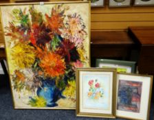 FROST oil on canvas - semi abstract study of still life flowers in a blue vase, 110 x 85cms,