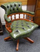 REPRODUCTION BUTTON GREEN LEATHER SWIVEL CAPTAIN STYLE CHAIR