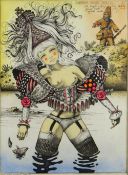 PATRICK WOODROFFE coloured etching - fantasy figure with Robinson Crusoe as a voyeur, entitled '