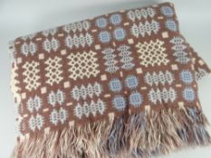 TRADITIONAL WELSH WOOLEN BLANKET, brown ground with blue and cream geometric decoration and
