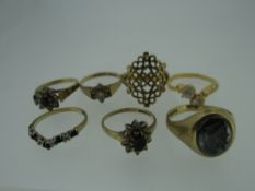 SEVEN VARIOUS LADIES RINGS includes five hallmarked 9ct rings with intaglio type, diamond and