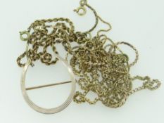 14K YELLOW GOLD AND ENAMEL HORSESHOE BAR BROOCH together with yellow metal fine chains.