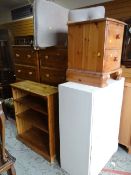 ASSORTED MAINLY PINE FURNITURE to include pair of narrow chests of five drawers, pine open bookcase,