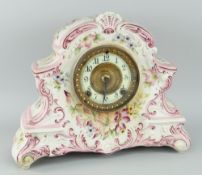 19TH CENTURY FLORAL DECORATED POTTERY CLOCK inscribed verso 'Dresden' 8 day, hour and half hour,