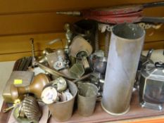 TRAY OF METALWARE including copper brass ornaments, four piece EPNS tea set ETC